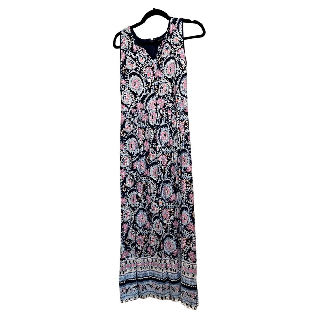 Talbots Maxi Dress Sleveless Notch Neck‎ Navy Blue Pink Paisley Size 2